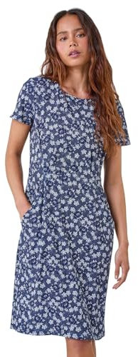 Roman Originals Shift Dress with Pockets for Women UK - Ladies Summer Autumn Winter Smart Casual Work Short 3/4 Sleeve Tunic Knee Length Pleated Gathered Waist Tea Loose - Petite Navy - Size 14