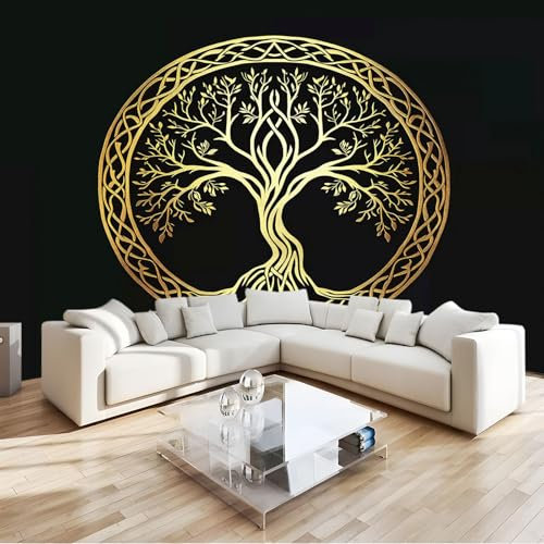 Papier Peint Panoramique Abstrait Style Celtique Arbre De Vie Noir 250x175 cm Poster Geant Mural, pour Salon Chambre Chambre D'enfants Restaurant Décoration Murale