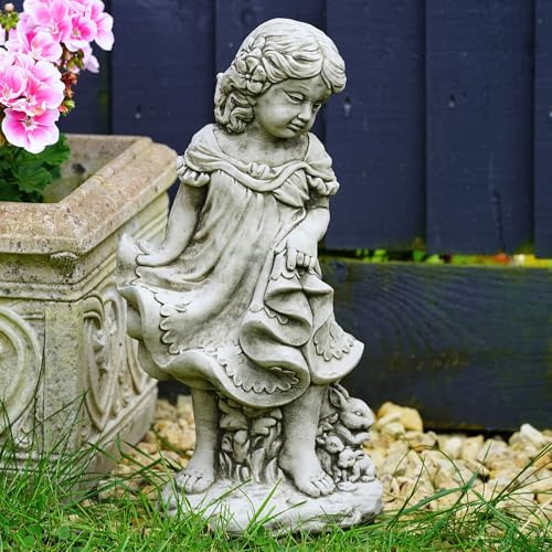 Girl with Bunny Stone Statue | Outdoor Garden Ornament Lady Child Rabbit Decoration Home British Made Gift