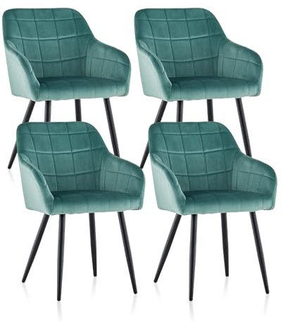 ZBAOLTO Esszimmerstühle 4er Set Samt, Grid-Design-Armlehnstuhl Küchenstuhl Polsterstuhl Wohnzimmerstuhl mit Armlehnen Rückenlehne Metallbeine, für Esszimmer Wohnzimmer Küche, Türkis