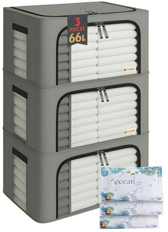 FENIXE_Contenitori Per Armadio Salvaspazio 66L, Grigio - Scatole Portaoggetti Confezione da 3 - Organizer Armadio Con Finestre Trasparenti Impilabile, Pieghevole, Resistenti all’Acqua 3x66L Grigio