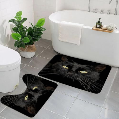 KGDHY Badezimmermatten-Sets 2-Teilig,Schwarze Katze,Bad und WC-Vorleger-Set,rutschfeste Badezimmerteppiche wasserabsorbierende