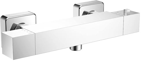 KOMIRO Duscharmatur mit Thermostat, Messing Mischbatterie Dusche, Chrom | Quadrat Mischbatterie Dusche mit 38 °C Sicherheitstaste, Wandmontage, Wannenarmatur Duschthermostat für Badzimmer Badewanne