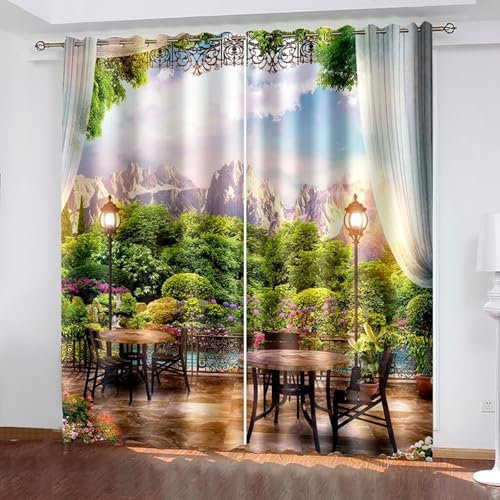 Lirzxin Verdunkelungsvorhang 274 cm Lang, Undurchsichtige Gardinen mit Ösen 2er Set Braun Grün Hof Wald und Berg Landschaft Vorhänge für Wohnzimmer Schlafzimmer Kinderzimmer, 244x274 cm(BxH)