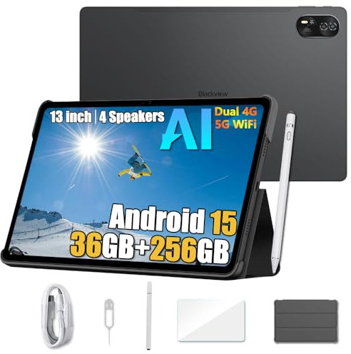 Blackview Mega 8 13 Zoll Tablet Android 15, 36GB+256GB+2TB Erweiterung, Quad-box Speakers, 2K FHD+ Gaming Tablet AI, 4G LTE 5G WiFi, 50MP AI Camera,11000mAh,PC Mode, Hülle+Intelligenter Stift, Schwarz
