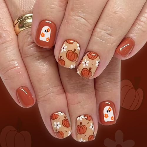 24PC Halloween Press On Nails - Short Orange False Nails with Cute Ghost & Pumpkin Pattern, Full Cover Acrylic Artificial Fake Nails for Women & Girls Manicure Decor