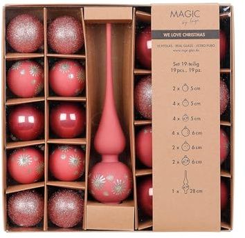 Weihnachtskugeln Glas 5-6cm mit Spitze 19er Set - Glitzer Motiv - Christbaumkugeln Weihnachtsbaumkugeln und Christbaumspitze - Christbaumschmuck & Weihnachtsbaumschmuck - Dusty Rose