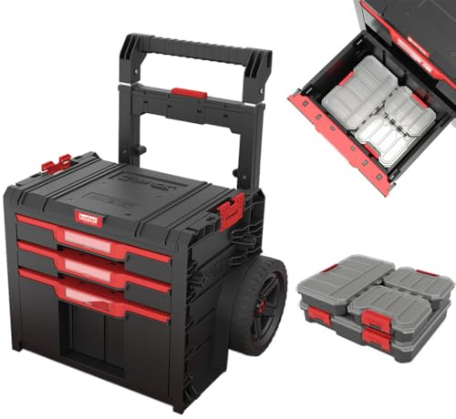 XL Werkzeugtrolley Q-Brick System, Werkstattwagen Set (Cart PRO 3) | Modularer Aufbau mit viel Zubehör, mobil auf Rollen, ideal für Werkstatt, Garage und Baustelle – für Privat und Gewerbe