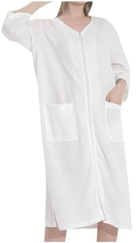 Keepink Ladies Dressing Gowns Zip Up Front Robes for Women UK Towel 3/4 Sleeve Waffle Knit Bathrobe Lightweight Long Housecoat with Pockets Soft Loungewear Nightgown Cosy Sleepwear