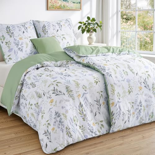 Duvetnova Bettwäsche Blumen 135x200 4teilig Frühling Sommer,Superweiche Bettwäsche Grün Salbeigrün Aesthetic,ÖKO-TEX Bettwäsche-Sets 2 Bettbezüge 135 x 200 + 2 Kissenbezüge 80x80 -All mit Reißverschl