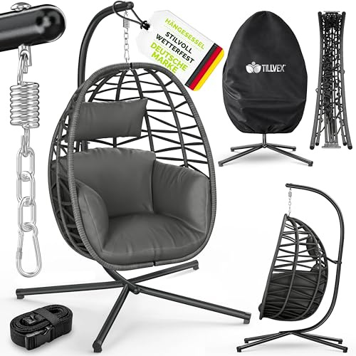 tillvex® Hängesessel mit Gestell Outdoor Indoor mit wetterfester Abdeckung | Hängekorb klappbar bis 150 kg mit Befestigung | Hängesitz aus Rattan mit Polster | Hängestuhl Garten Balkon Terrasse