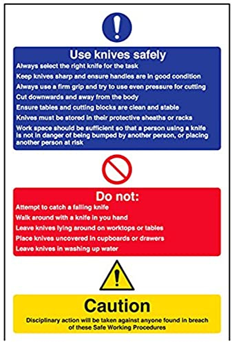 vsafety 44004 au-r obligatoire Restauration Panneau, en plastique rigide, utilisation affichage Couteaux en toute sécurité, Portrait, 200 mm x 300 mm, noir, bleu, rouge, jaune