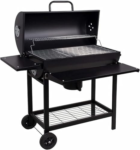 DRULINE Profi Smoker Grillwagen Holzkohle Stahl BBQ Grill Smoker XL 103x110x59 cm Standgrill aus Metall mit Deckel,Grillrost 2 Räder, Ablagefach, Ascheschale & Einstellbarer Belüftung