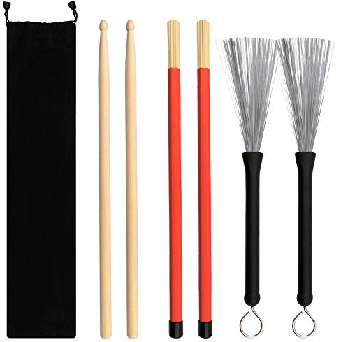 Vitasemcepli Set di 6 Bacchette Per Batteria 5a Drum Sticks in Legno d’Acero e in Bambù Retraibili Spazzola Per Batteria in filo d'Acciaio Metallici Adatto per la Musica Metal Rock Jazz Funk