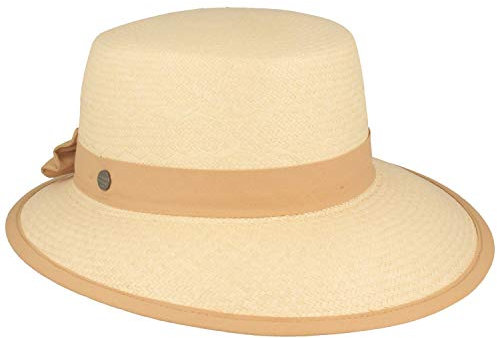 Breiter Sombrero de Paja Pananá Original para Mujer 100% Paja de Ecuador Sombrero de Verano Protección UV 50+ Elegante ala Asimétrica y Ribete, Natural Camel S