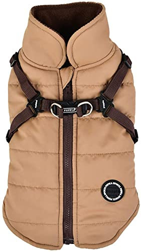 Puppia Hochwertiger Hundemantel für kleine Hunde und mittelgroße Hunde - wasserdicht und mit Fleece gefüttert für angenehme Wärme - Hundemantel mit Geschirr, Beige, L