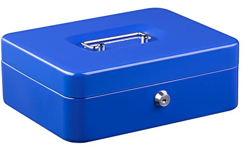 Jazooli Heavy Duty Metal Cash Money Coin Box Bank Deposit Steel Tin Security Safe Petty 2 Keys Lock Lockable Jewellery Passports Documents Security Case, Blue, 10”