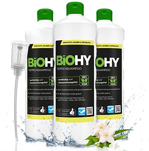 BiOHY Teppichshampoo (3 x 1 Liter) + Dosierer | Teppichreiniger Konzentrat | ideal gegen hartnäckige Flecken | materialschonend & tierfreundlich | effektives Bio Mittel | kraftvoller Teppich Schaum