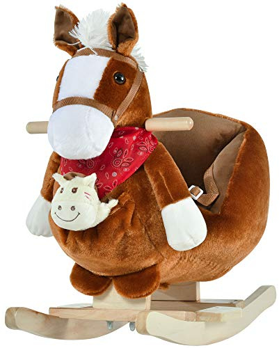 Qaba Kids Ride-On Schaukelpferd Schaukelspielzeug mit Wiegenlied, Handpuppen und weichem Plüschstoff für Kinder von 18-36 Monaten, Kaffee
