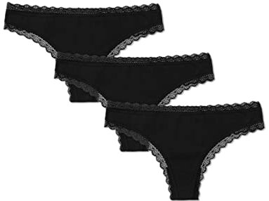 Snocks Tanga Damen mit Spitze aus Bio-Baumwolle 3er Pack - String Damen Klassisches Design - Angenehmes Tragegefühl ohne Einschneiden - Unsichtbare Unterwäsche - Schwarz - S