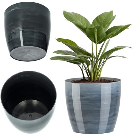 KADAX Pot de Fleurs 12 cm en Plastique avec Finition Brillante et Motifs Marbrés, Cache-Pot pour Une Décoration Intérieure Raffinée et Moderne (Gris)
