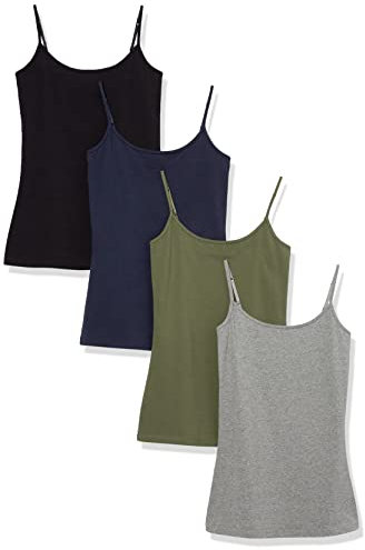 Amazon Essentials Women's Slim-Fit Camisole, Pack of 4, Black/Grey/Navy/Olive, M