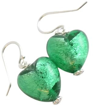 Pendientes colgantes de plata esterlina corazón verde de cristal de Murano