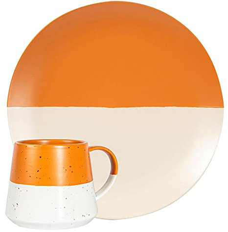 Nicola Spring 8pc Ceramic Plates & Coffee Mugs Set - Burnt Orange - 4-Person Crockery Set Kitchen Dipped Tableware Two Tone Dinner Set Dining Plates and Tea Coffee Mugs