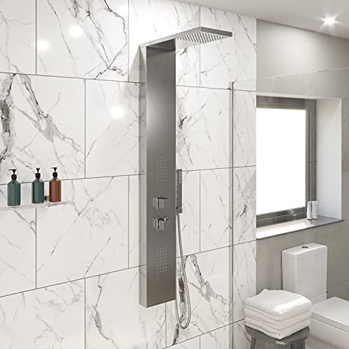 Architeckt® Thermostatic Shower Tower Column Panel, Three Function 3-in1 System with Rainfall Head Handset 2 Body Jets Showers Square, Brushed Steel