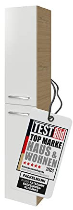FACKELMANN Hochschrank B.Style/Badschrank mit gedämpften Scharnieren/Maße (B x H x T): ca. 30 x 162 x 31,6 cm/hochwertiger Schrank fürs Bad/Türanschlag Links/Korpus: Braun hell/Front: Weiß