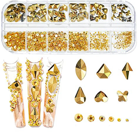 735 Pieces Gold Nail Rhinestones for Acrylic Nails Gold Stones for Nails Crystals 3D Nail Diamonds Art Decoration Crafts DIY (Gold AB)