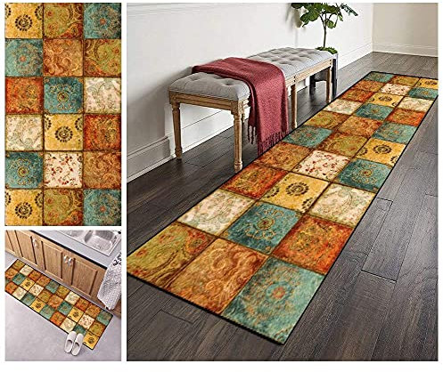 ZVEZVI Teppich Läufer Flur Küche rutschfest Waschbar Boho Bunter Geometrische Muster 40x140cm Bunter Modern rutschfest Waschbar Vintage Kücheläufer Teppichläufer Polyester Meterware Anpassbar