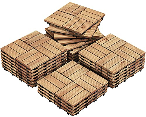 Yaheetech Lot de 27 Caillebotis Bois Exterieur Dalles de Terrasse en Bois Composite avec Système d’Emboîtement Revêtement de Sol Extérieur Intérieur 30 x 30 cm