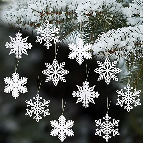 Schneeflocken Weihnachten Deko, 24 Stück Glitter Schneeflockendeko Mit Seilen, Christbaumschmuck, Aufhängen Schneeflocken Anhänger (Weiß)