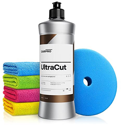Autopolitur Set: CarPro UltraCut Schleifpolitur (500g) - Extreme Cut Compound für starke Defektkorrekturen am Autolack - Für Exzenter oder Rotation - Auto polieren, Schleifpaste, Heavy Cut | 6-teilig