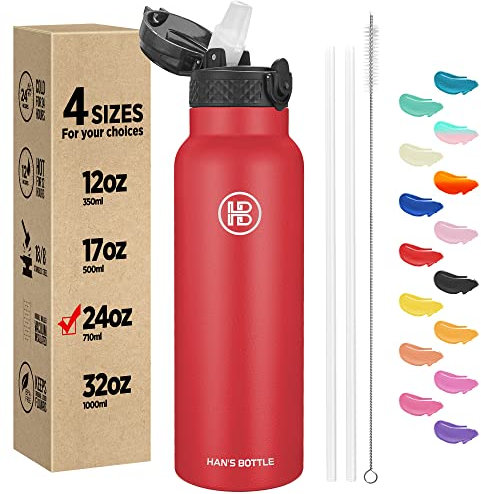 Han's Bottle Sports Water Bottle - 24 Oz, Straw Lid, Leak Proof, Vacuum Insulated Stainless Steel, Double Walled, Thermo Mug,Red
