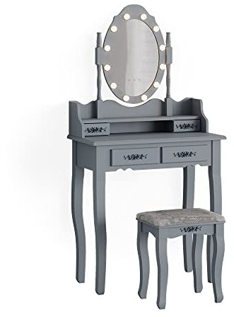 Vicco Schminktisch Maggie, Kosmetiktisch mit Spiegel, Grau, 75 cm mit LED Beleuchtung und Hocker