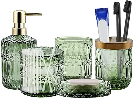 Accessoires de Salle de Bain en Verre Transparent 5 Pièces, Set Salle de Bain avec Distributeur de Lotion, Porte-Savon, Porte-Brosse à Dents, Pot en Verre et Distributeur de Cotons-tiges (Vert)