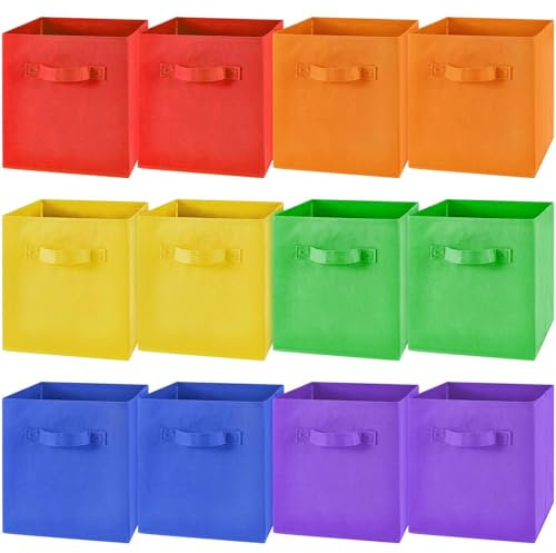 LT-Yinder-3520 Würfel-Aufbewahrungsbehälter, 27,9 cm, faltbar, Stoffkorb, Aufbewahrungsboxen für Regal, Rot, Orange, Blau, Gelb, Grün, Violett, 12 Stück