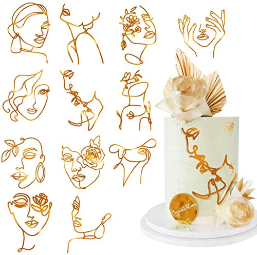 12 Stück Acryl Damen Gesicht Kuchen Topper Minimalistische Kunst Happy Birthday Kuchen Topper Frauen Hochzeit Kuchen Dekoration für Hochzeit Geburtstag Party (Gold)