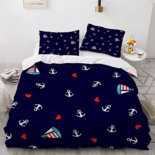 VULORA Bettwäsche 135x200 Anker Segelboot Bettbezug mit Reißverschluss 100% Mikrofaser Bettwäsche-Sets für Junge Mädchen 3D Druck Ozean Kinderbettwäsche mit 2 Kissenbezüge 80x80cm Winter