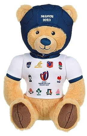 GIPSY Toys - Plüsch Bär T-Shirt 20 Nationen Rugby World Cup/Rugby World Cup Frankreich 2023 (RWC) - Offiziell Lizenziertes Plüschtier - 24 cm sitzend - Beige Marineblau Weiß