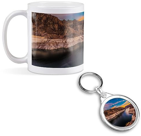 Destination Vinyl ltd 1 White Ceramic Mug Cup (11oz / 284ml) with 1 x Round Keyring Hoover Dam Sunrise USA America Matching Set for Coffee Tea Drinks Kitchen #51177
