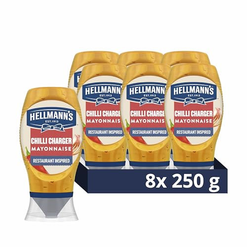 Hellmann's Chilli Charger Mayonnaise Condiment Made with free range eggs spicy mayo for burgers, sandwiches and chips 8x 250 ml