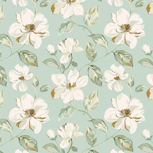 Yomshi White Gardenia 41cm x 3m Floral Wallpaper Self Adhesive Wallpaper Removable Green Sticky Back Plastic Roll Waterproof Oil-Proof Contact Paper for Home Bedroom Cabinets