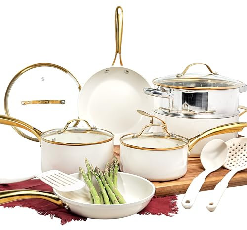 GOTHAM STEEL 15 Pc Pots and Pans Set Non Stick Cookware Set, Pot and Pan Set, Kitchen Cookware Sets, Ceramic Cookware Set, Dishwasher Safe, Non Toxic, Cream White
