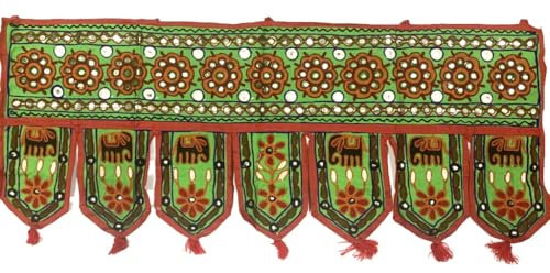 Original Kikan Elephant Handmade Tapestry Cotton Door Wall Hanging Ethnic Topper Toran Indian Window Valance (37 x14 Inches) (GREEN)
