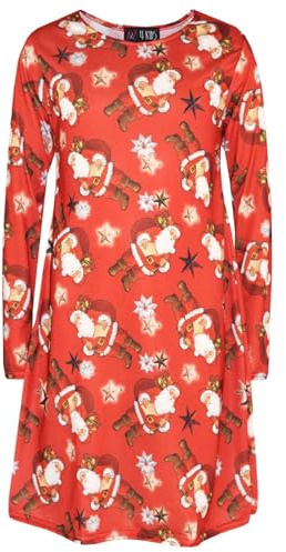 A2Z 4 Kids Girls Christmas Dress Santa Print Long Sleeve Swing Dress - Xmas-Dress Santa Gifts Red 11-12.