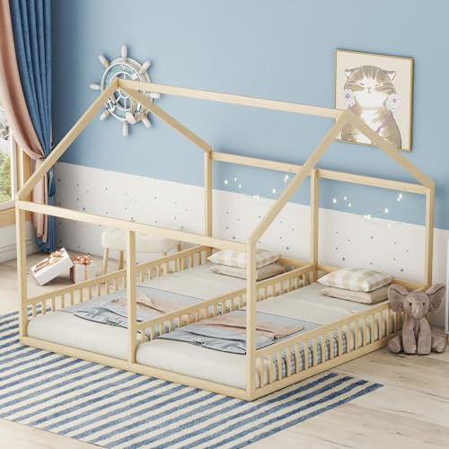 KOMHTOM 2 en 1 90x200CM Cabane Lit d'enfant avec Clôture de Sécurité, Lit de Maison avec Sommier à Lattes en Bois, Cadre de lit(sans Matelas) (Naturel)