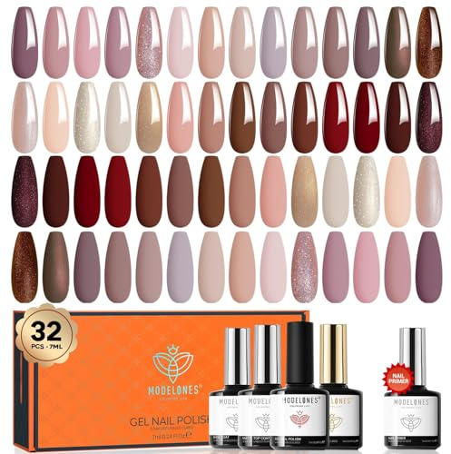 Modelones Uv Nagellack Set 32 Pcs, 28 Farben Gel Nagellack mit Base Coat, Matte& Glossy& Glitter Top Coat,Nude Rosa Braun Glitzer Gellack Set Soak Off Starter Nail Gel Kit Manicure Gift,7ml